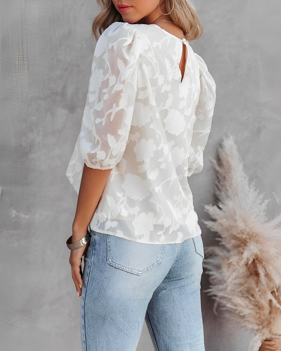 Blouse femme Fiona à manches bouffantes – Chiffon blanc à imprimé fleuri