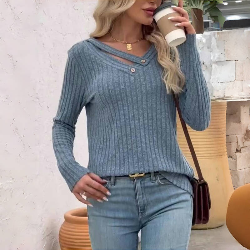 Blouse femme casual unie col V boutonné – Manches longues élégantes