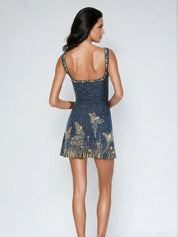 Celestia | Robe cocktail mini femme – Broderies perlées & paillettes étoilées