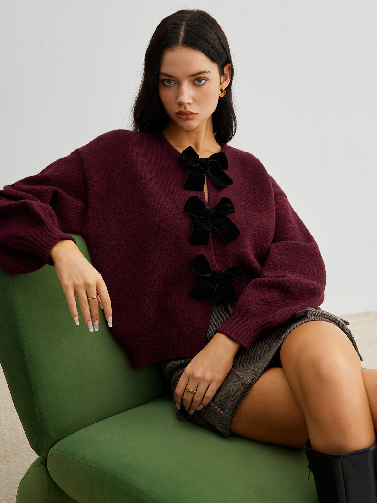 pull automne femme LUCILLE – maille douce, nœud velours & manches lanternes tendance