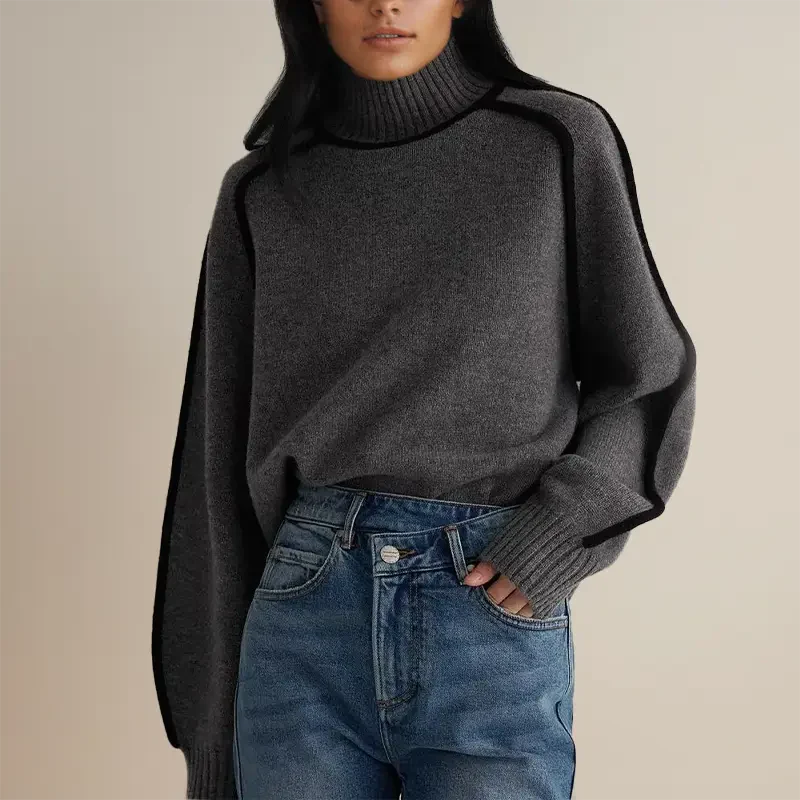 Pull femme col montant court – Coupe relax avec détails côtelés & piping