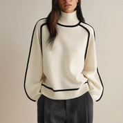 Pull femme col montant court – Coupe relax avec détails côtelés & piping