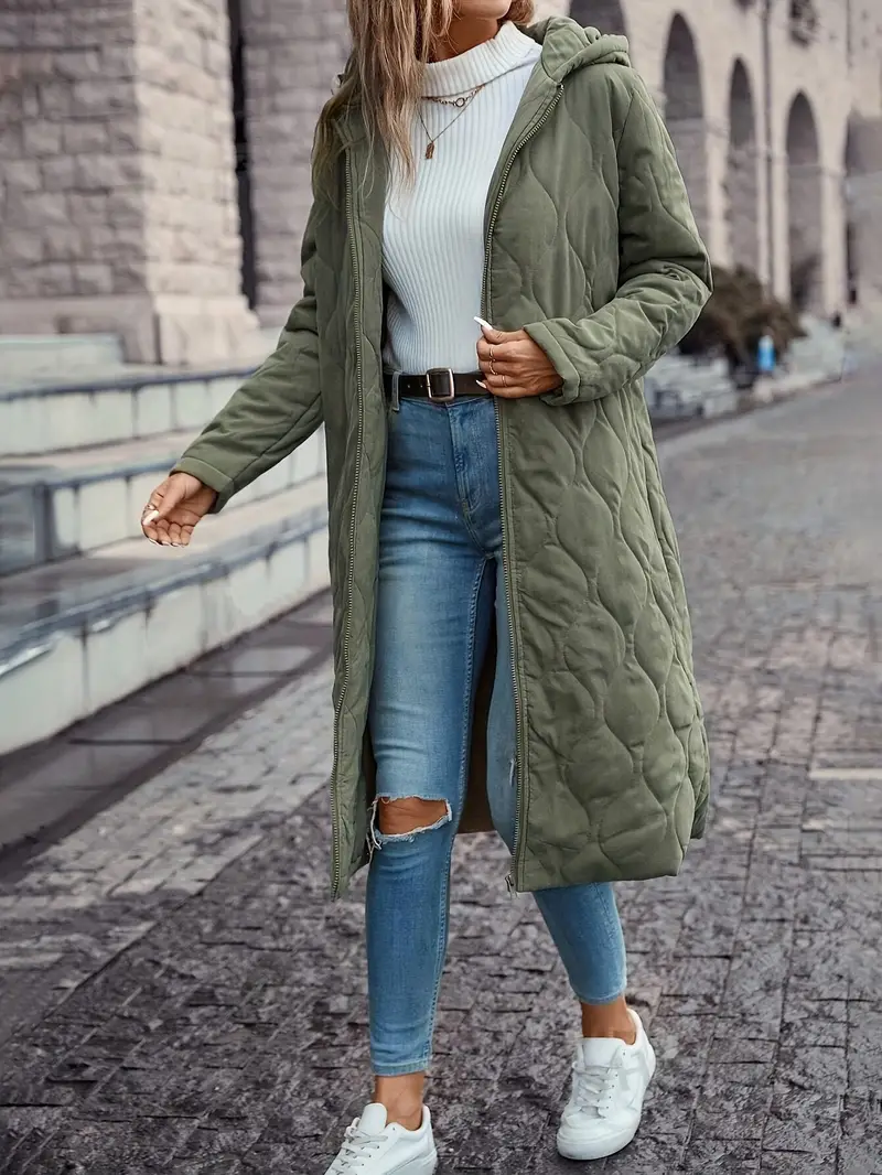 Manteau long matelassé femme avec capuche – Doudoune chaude coupe relax