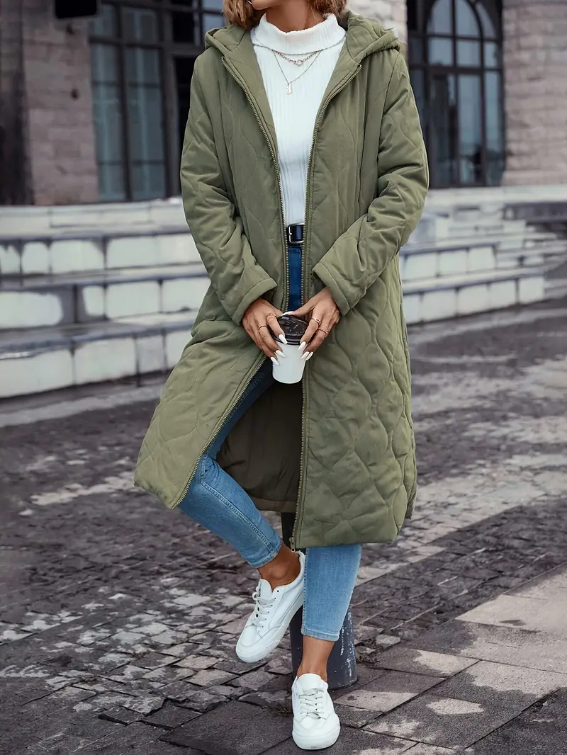 Manteau long matelassé femme avec capuche – Doudoune chaude coupe relax