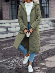 Manteau long matelassé femme avec capuche – Doudoune chaude coupe relax