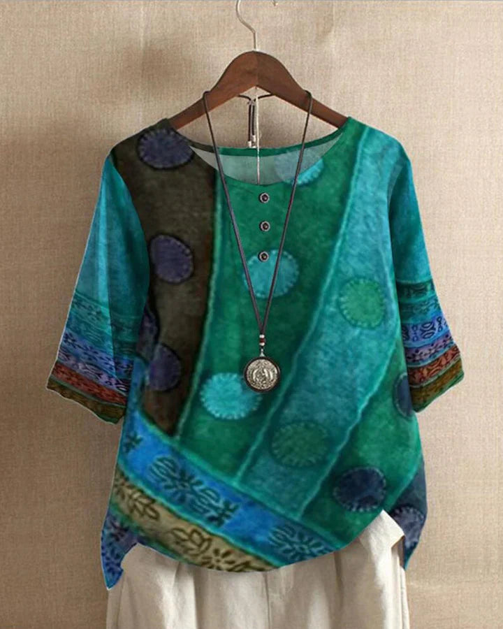 Top femme Ritva style boho oversize – Imprimé unique et léger