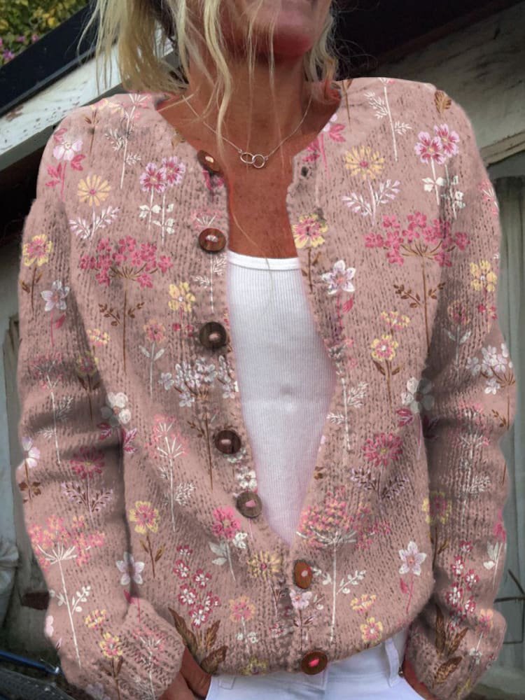 Cardigan femme en maille – Gilet à boutons & imprimé fleuri | Confort & élégance