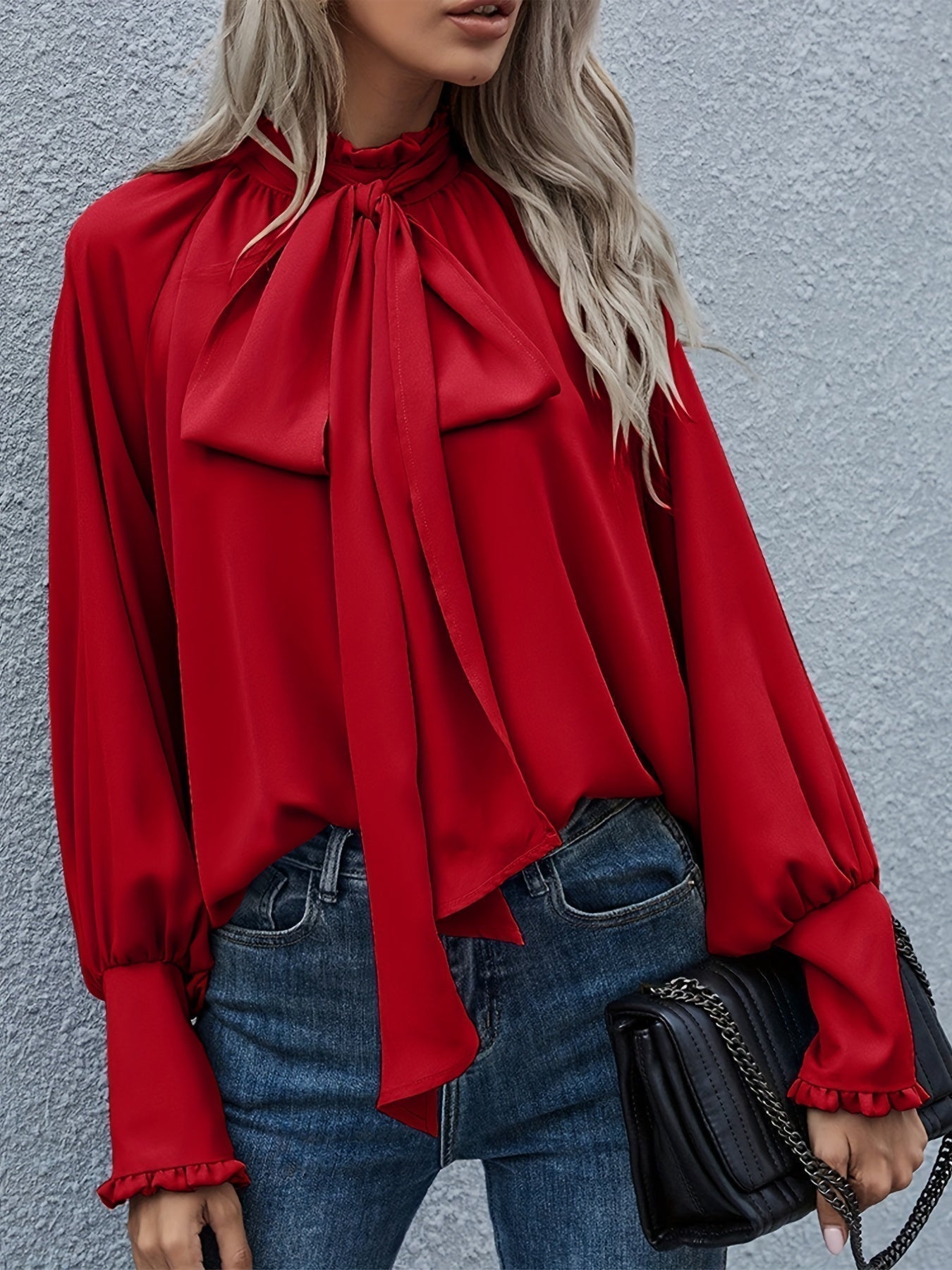 Blouse élégante femme à nœud col & volants – Tissu fluide chic intemporel