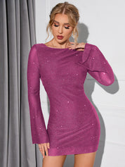 Robe femme à paillettes – Élégante robe de soirée dos nu à manches longues