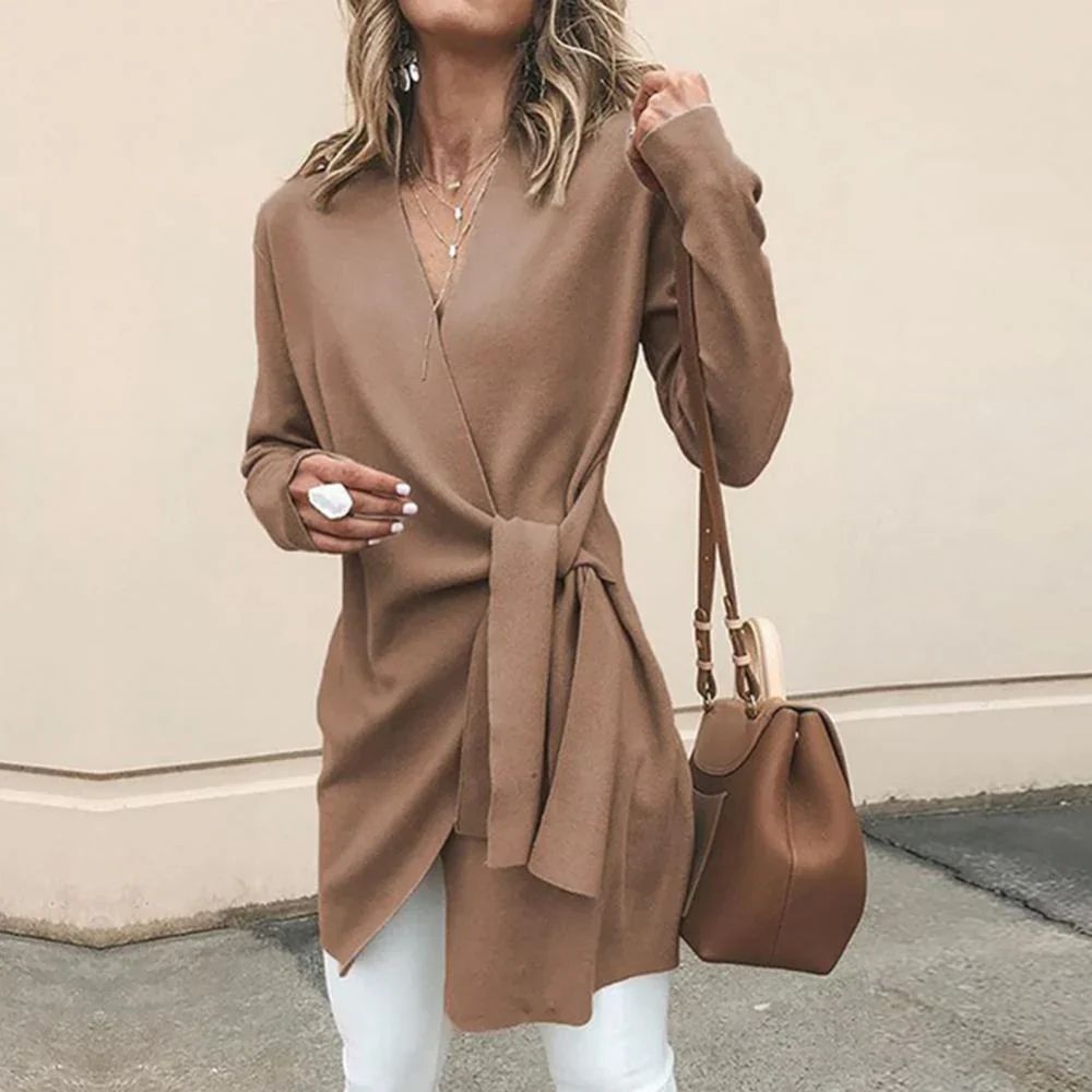Gilet femme Elin en maille — ceinture à nouer & coupe douce