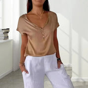 Haut femme Danique – top élégant col V en tissu chenille léger & chic été