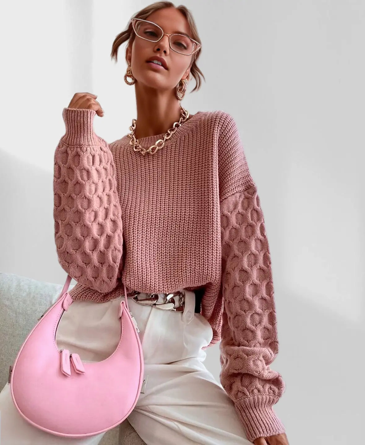 Pull Femme Automne Maura – Tricot Doux avec Manches Texturées & Coupe Confortable