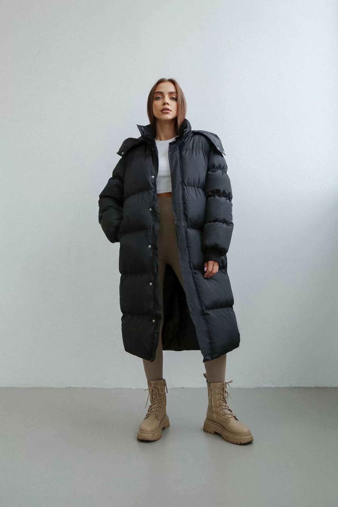 Manteau long femme puffer trench – Doudoune oversize avec capuche et col montant