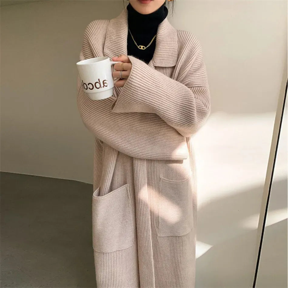 Long gilet femme oversize – Cardigan à côtes avec poches et devant ouvert
