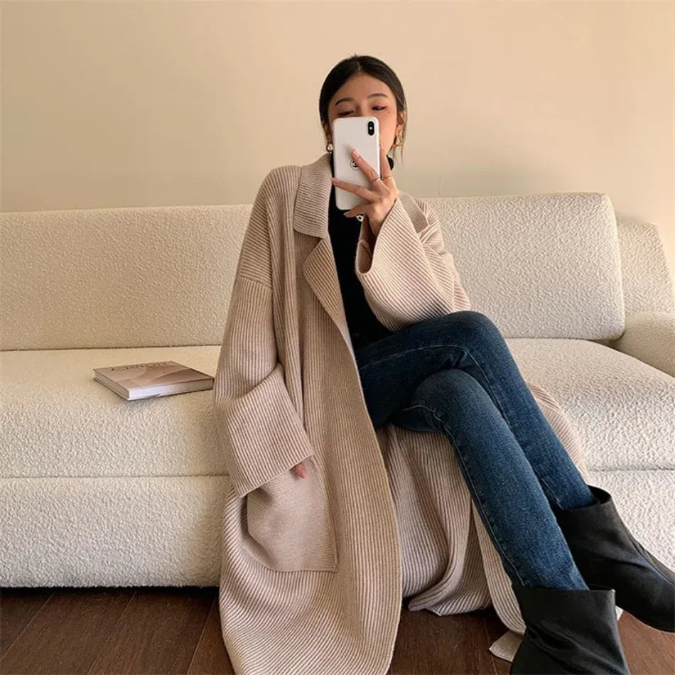 Long gilet femme oversize – Cardigan à côtes avec poches et devant ouvert