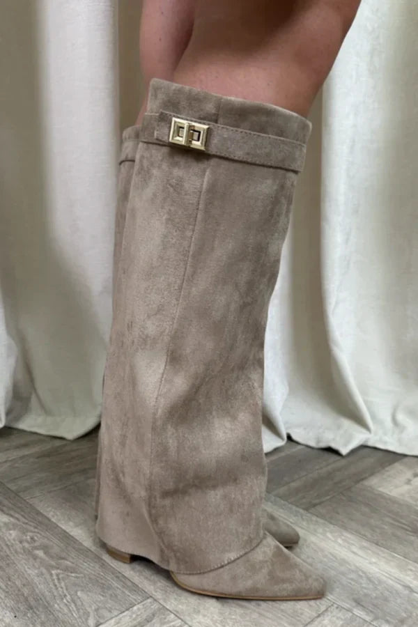 Bottes hautes femme à talon bloc – suède ou cuir avec boucle & fermeture zippée