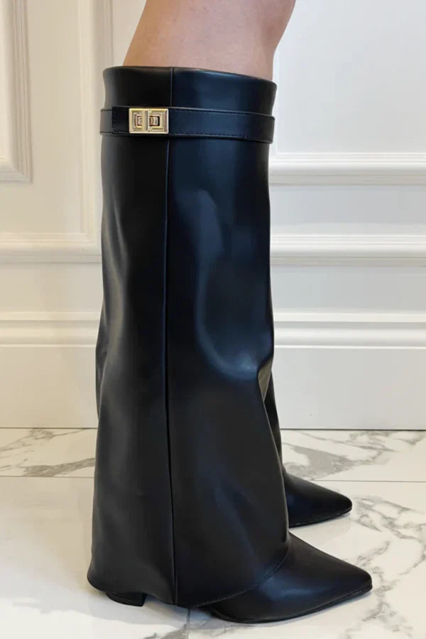 Bottes hautes femme à talon bloc – suède ou cuir avec boucle & fermeture zippée