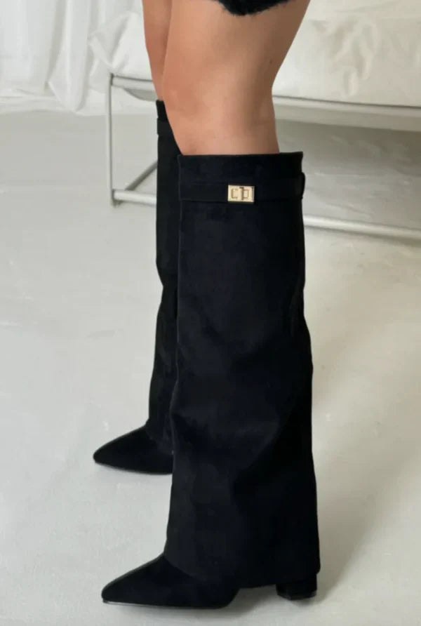 Bottes hautes femme à talon bloc – suède ou cuir avec boucle & fermeture zippée