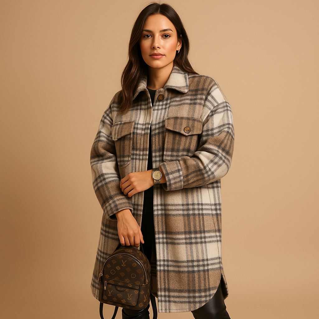 Manteau long femme Marit – coupe cintrée à carreaux effet laine