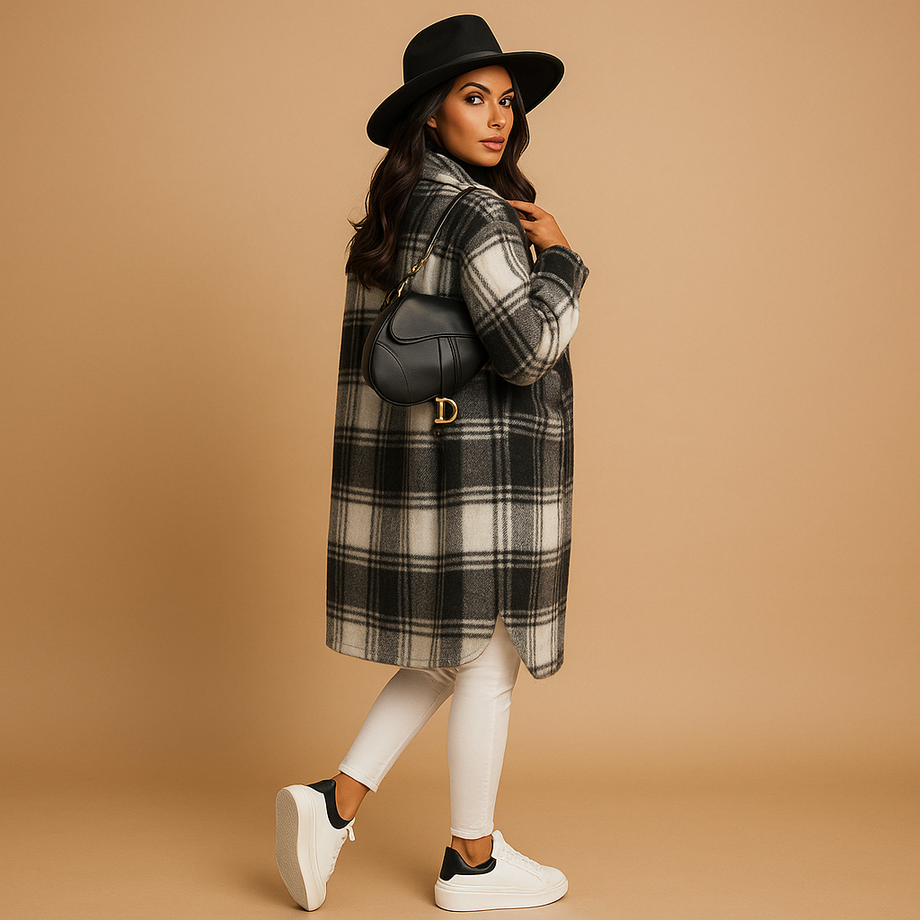 Manteau long femme Marit – coupe cintrée à carreaux effet laine