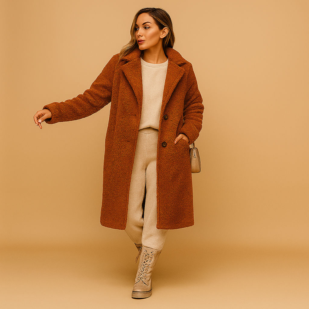 Manteau long femme Nienke en teddy beige – Doux, chaud et élégant