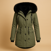 Manteau long d’hiver femme Marije – Imperméable avec col en fausse fourrure