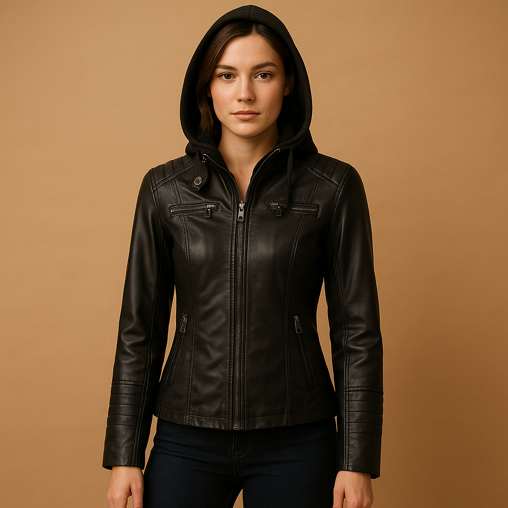 Veste en simili cuir femme Anouk à capuche amovible – coupe cintrée