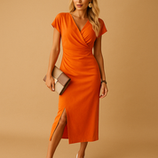 Robe midi Elvira femme – élégante à col V & fente subtile fluide