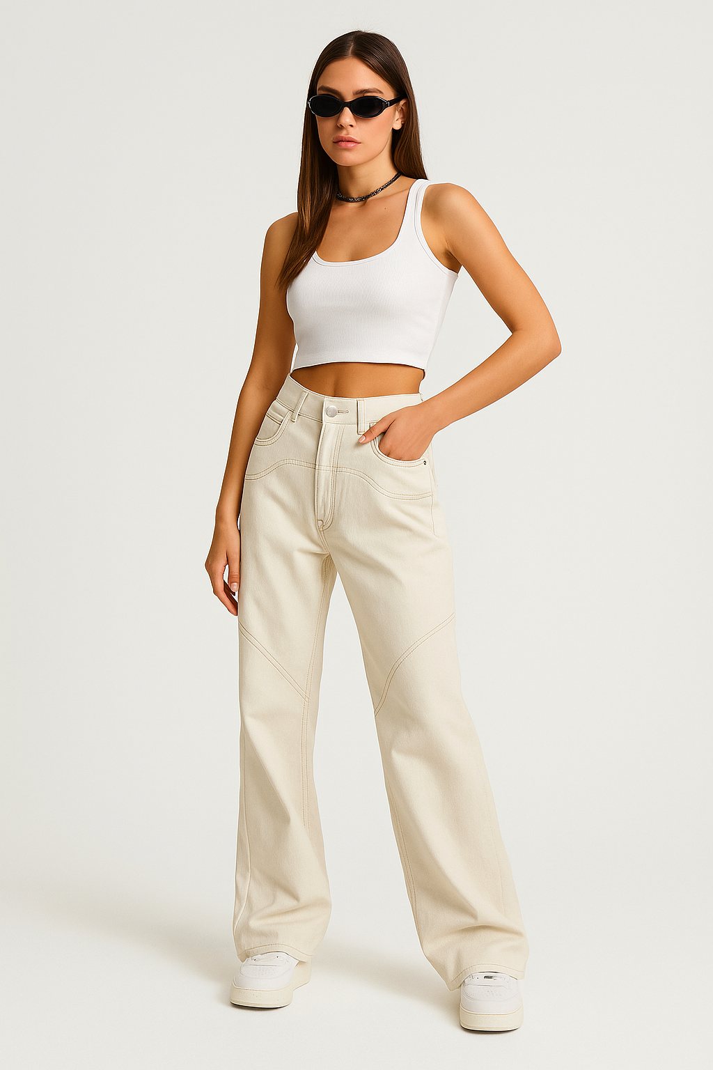 Jean Boyfriend Femme MILLE – Denim Blanc Baggy avec Fentes Stylées