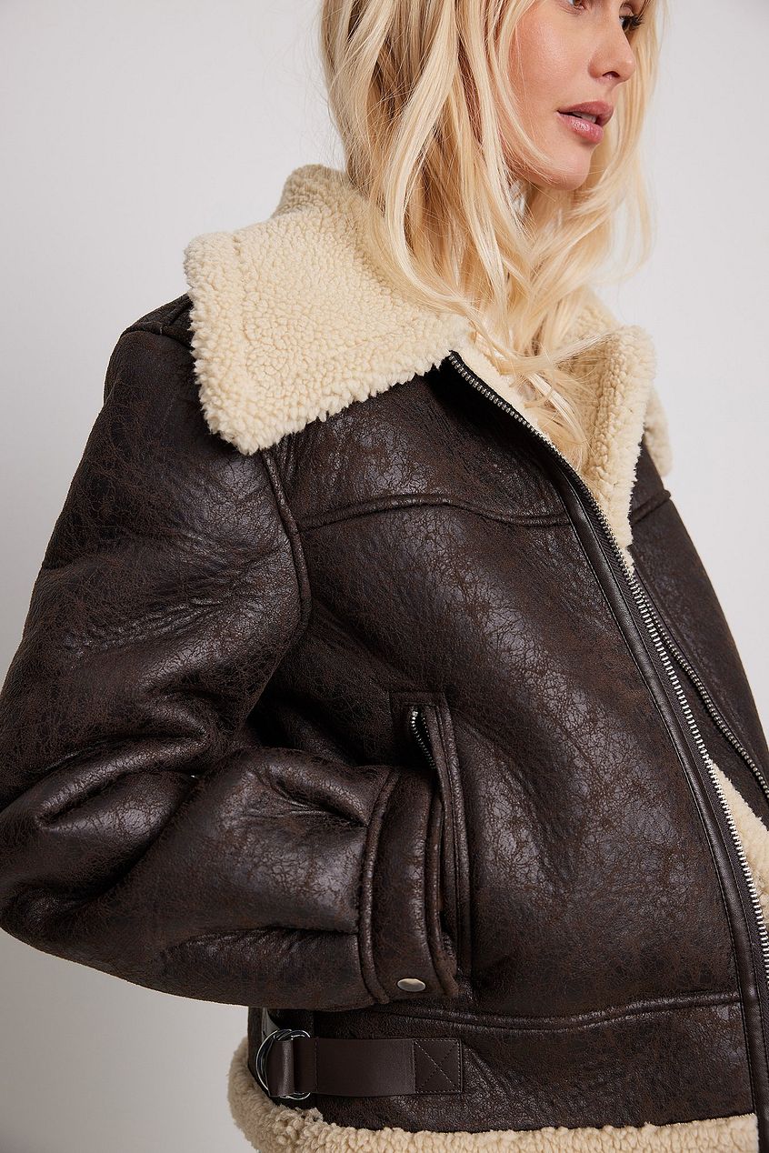 Veste aviateur femme marron foncé – col crème doublé chaud