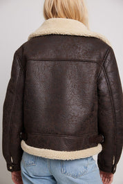 Veste aviateur femme marron foncé – col crème doublé chaud