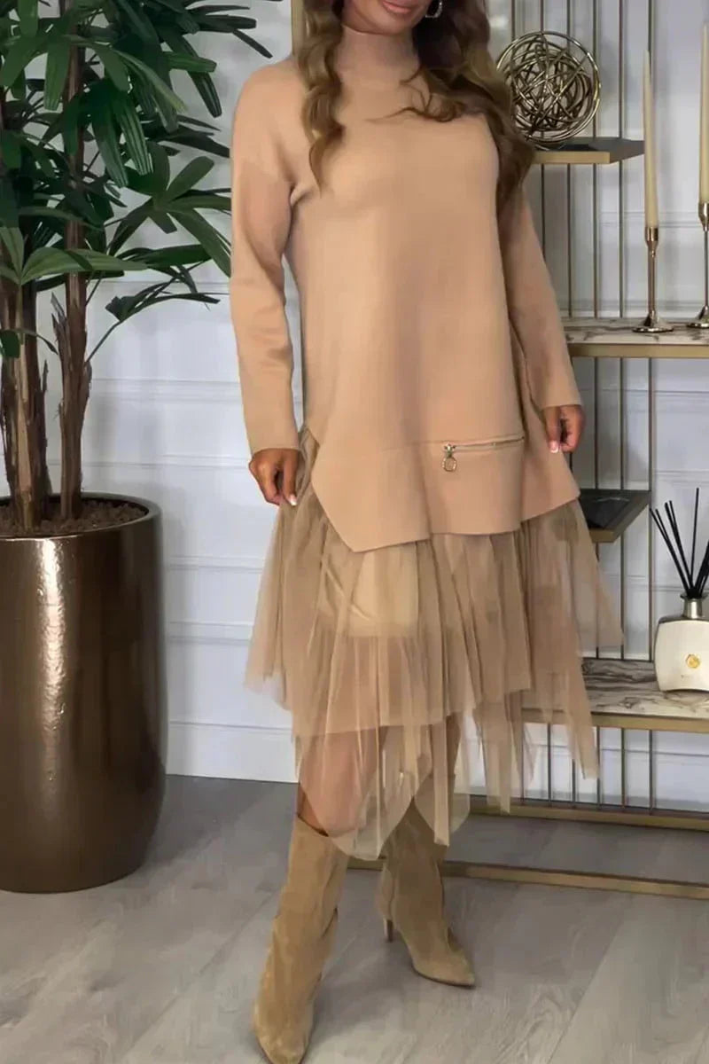 Robe femme Ysolde – casual à manches longues & jupe en mesh midaxi