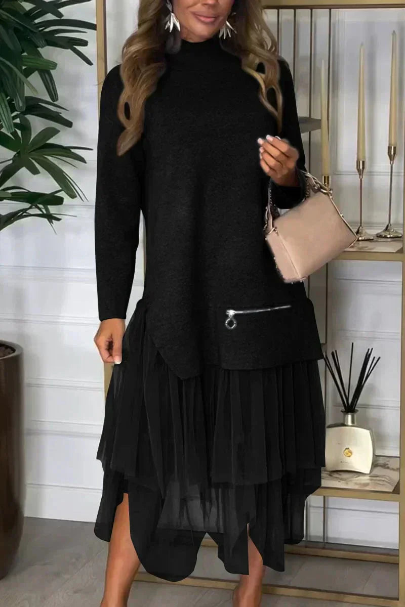Robe femme Ysolde – casual à manches longues & jupe en mesh midaxi