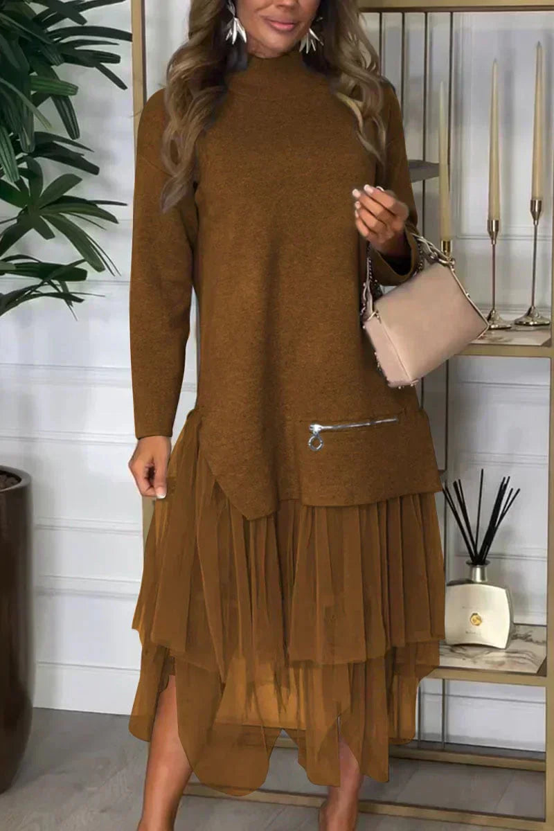 Robe femme Ysolde – casual à manches longues & jupe en mesh midaxi
