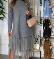 Robe femme Ysolde – casual à manches longues & jupe en mesh midaxi