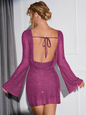Robe femme à paillettes – Élégante robe de soirée dos nu à manches longues