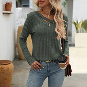 Blouse femme casual unie col V boutonné – Manches longues élégantes