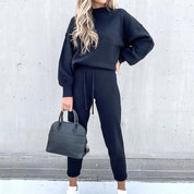 Ensemble loungewear femme – Tenue maison douce avec col roulé & pantalon taille haute