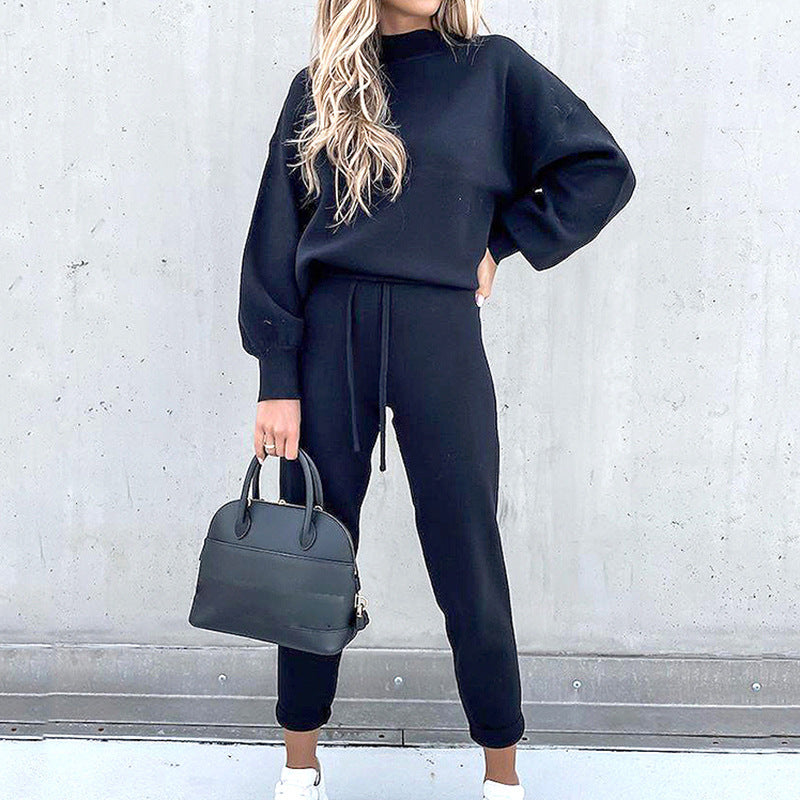 Ensemble loungewear femme – Tenue maison douce avec col roulé & pantalon taille haute