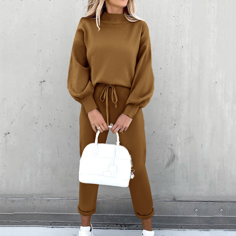 Ensemble loungewear femme – Tenue maison douce avec col roulé & pantalon taille haute