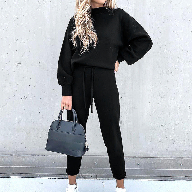 Ensemble loungewear femme – Tenue maison douce avec col roulé & pantalon taille haute