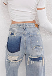 jean femme LIVIA – denim vintage clair à déchirures & coupe droite loose